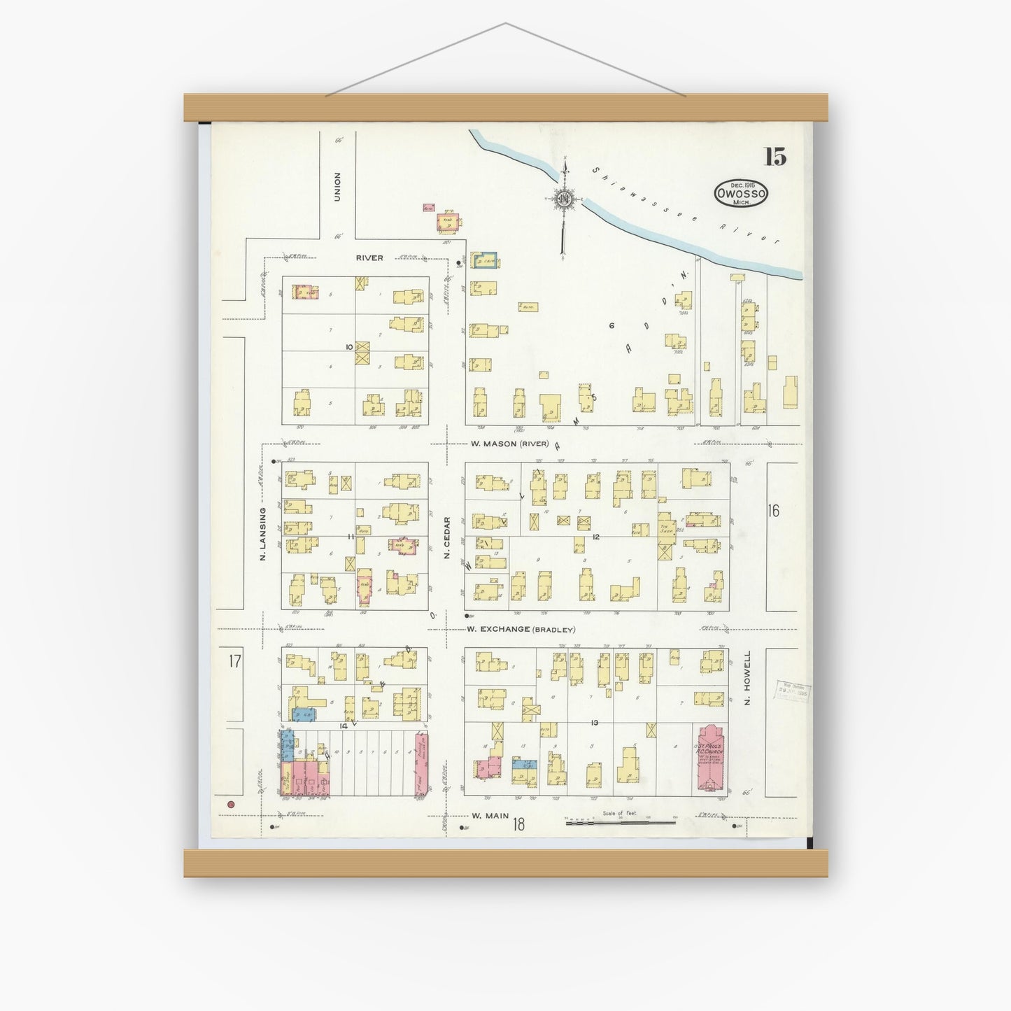 Old map wall art mockup — magnetic wood frame on white wall — Sanborn Fire Insurance Map from Owosso, Shiawassee County, Michigan (1915), Sheet #0015