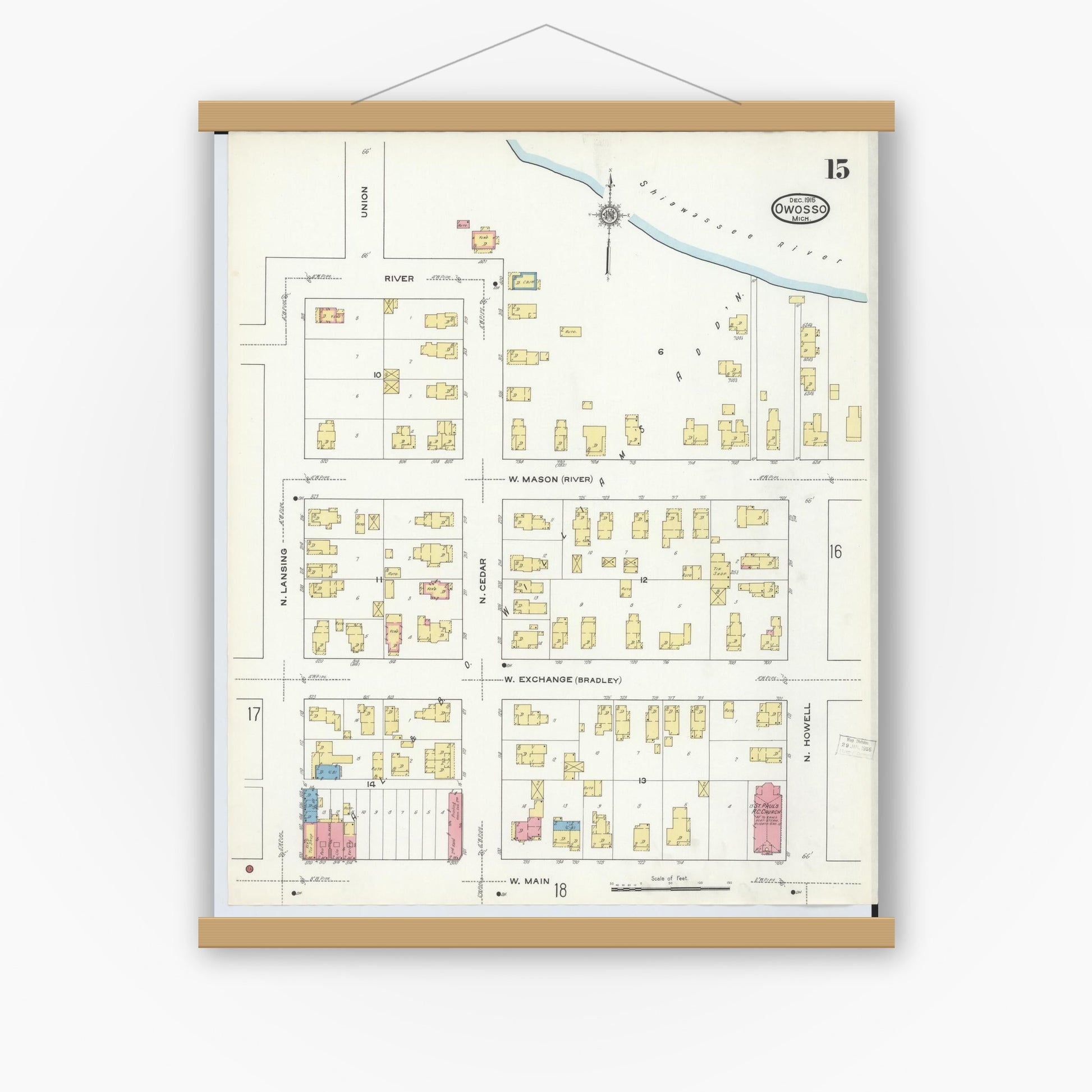 Old map wall art mockup — magnetic wood frame on white wall — Sanborn Fire Insurance Map from Owosso, Shiawassee County, Michigan (1915), Sheet #0015