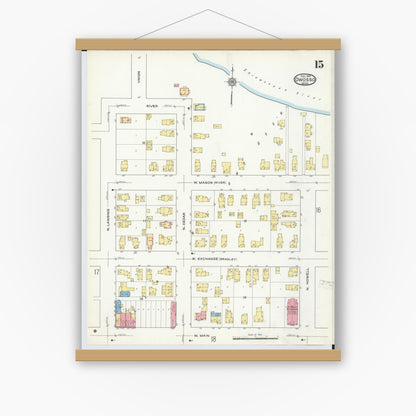 Old map wall art mockup — magnetic wood frame on white wall — Sanborn Fire Insurance Map from Owosso, Shiawassee County, Michigan (1915), Sheet #0015