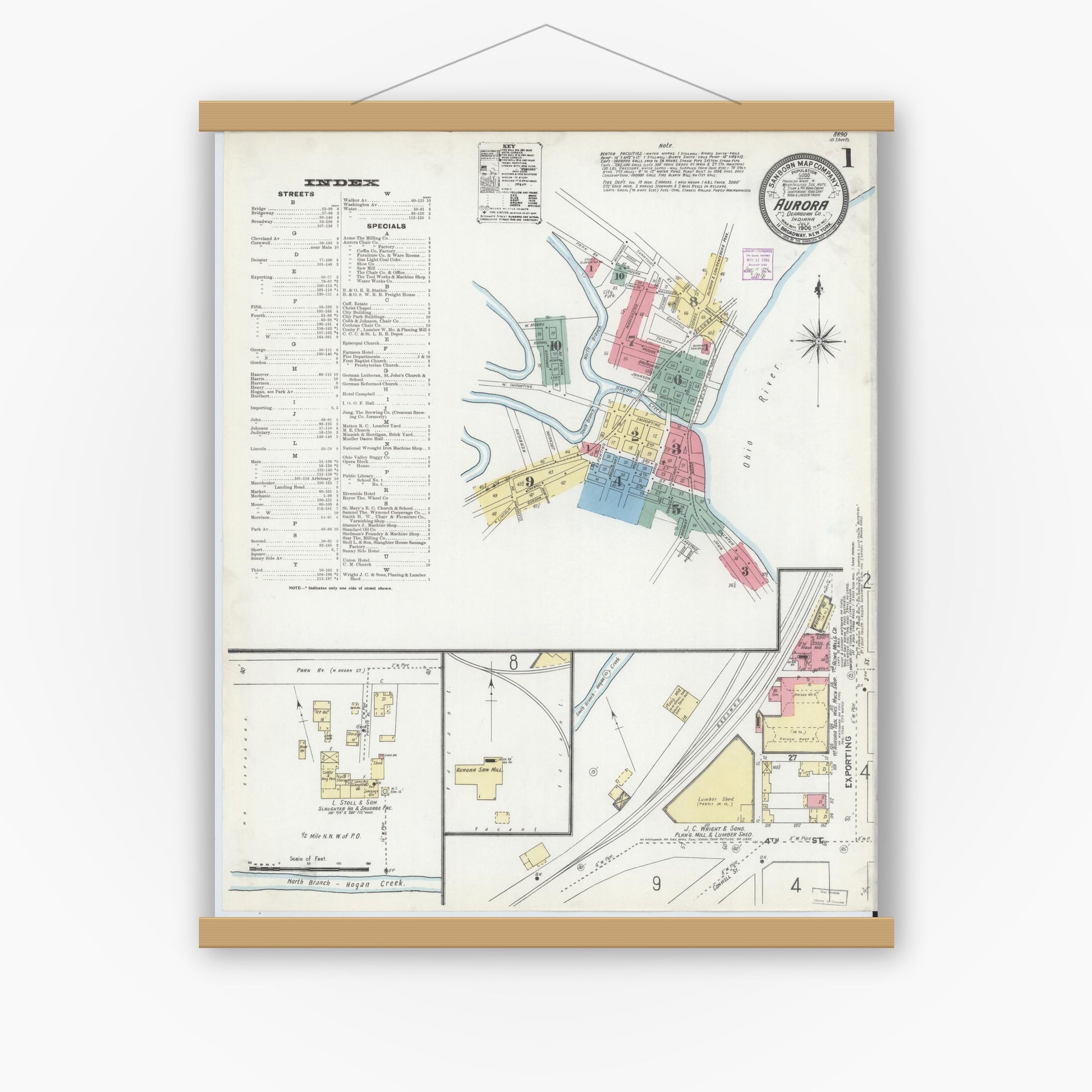 Old map wall art mockup — magnetic wood frame on white wall — Sanborn Fire Insurance Map from Aurora, Dearborn County, Indiana (1906), Sheet #0001