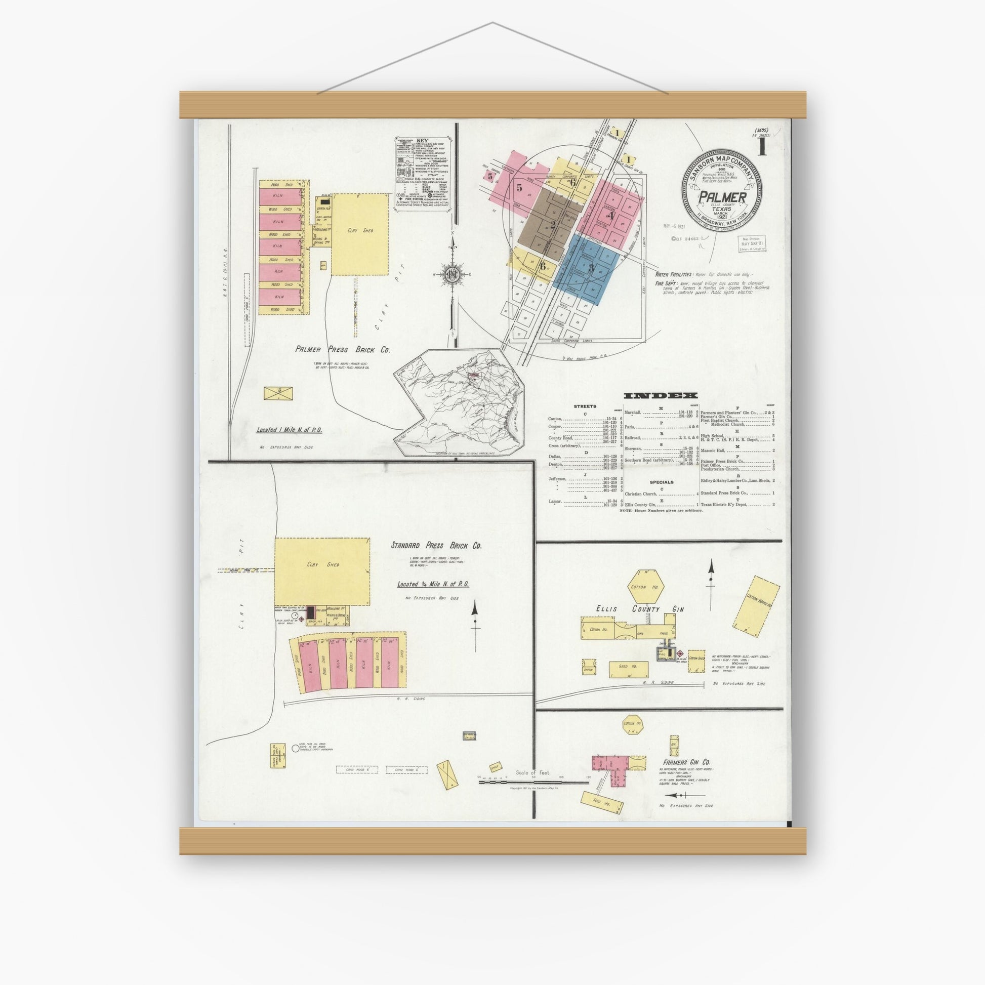 Old map wall art mockup — magnetic wood frame on white wall — Sanborn Fire Insurance Map from Palmer, Ellis County, Texas (1921), Sheet #0001