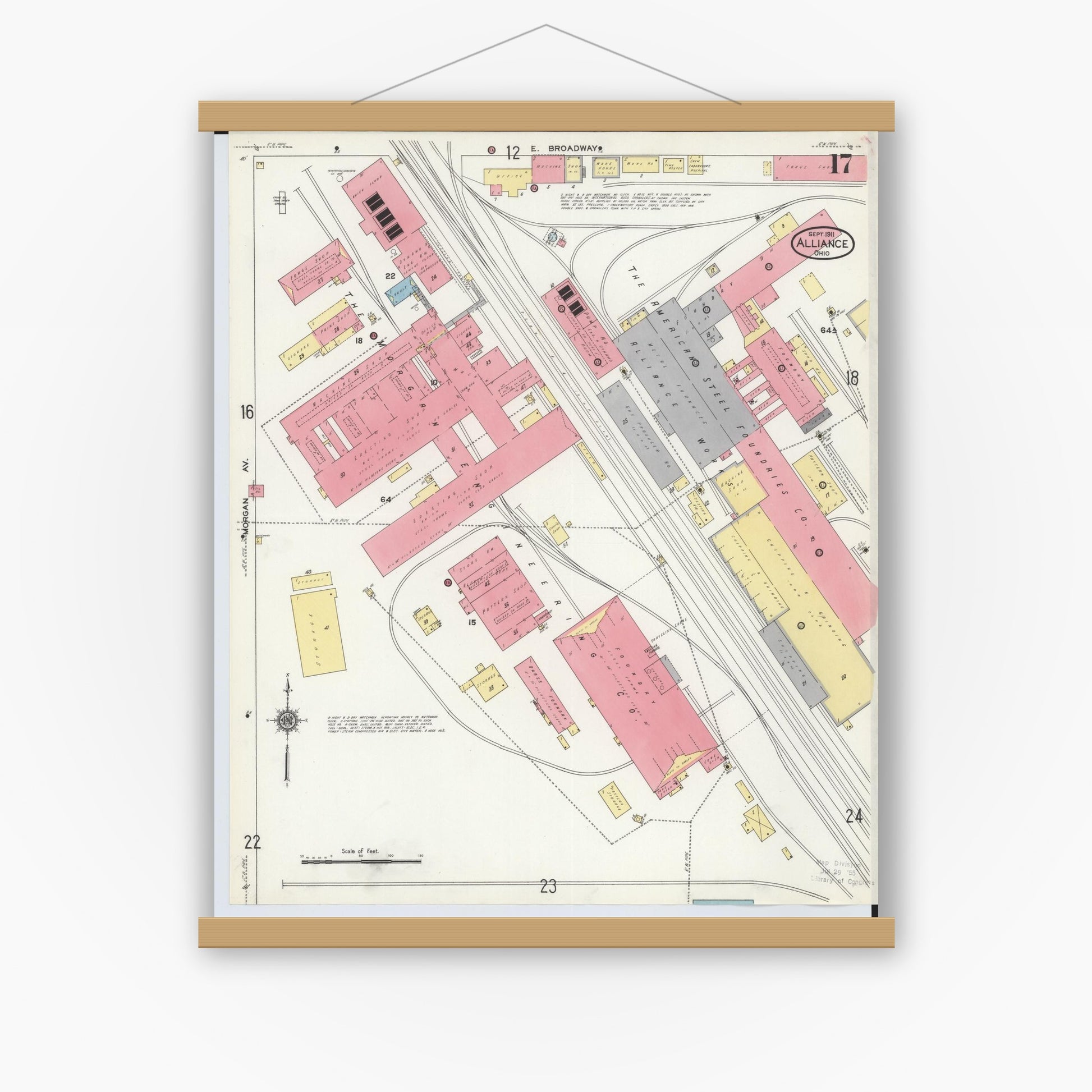 Old map wall art mockup — magnetic wood frame on white wall — Sanborn Fire Insurance Map from Alliance, Stark County, Ohio (1911), Sheet #0017