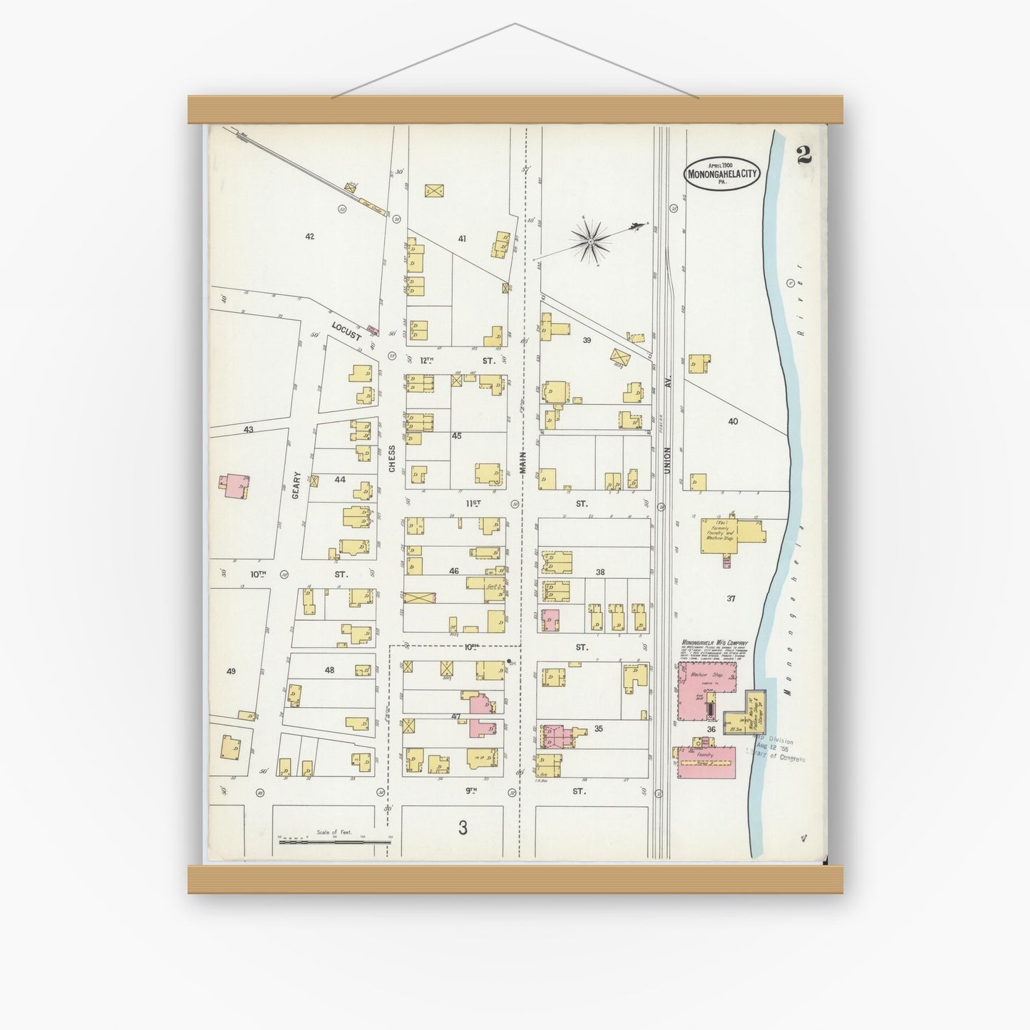 Old map wall art mockup — magnetic wood frame on white wall — Sanborn Fire Insurance Map from Monongahela City, Washington County, Pennsylvania (1900), Sheet #0002