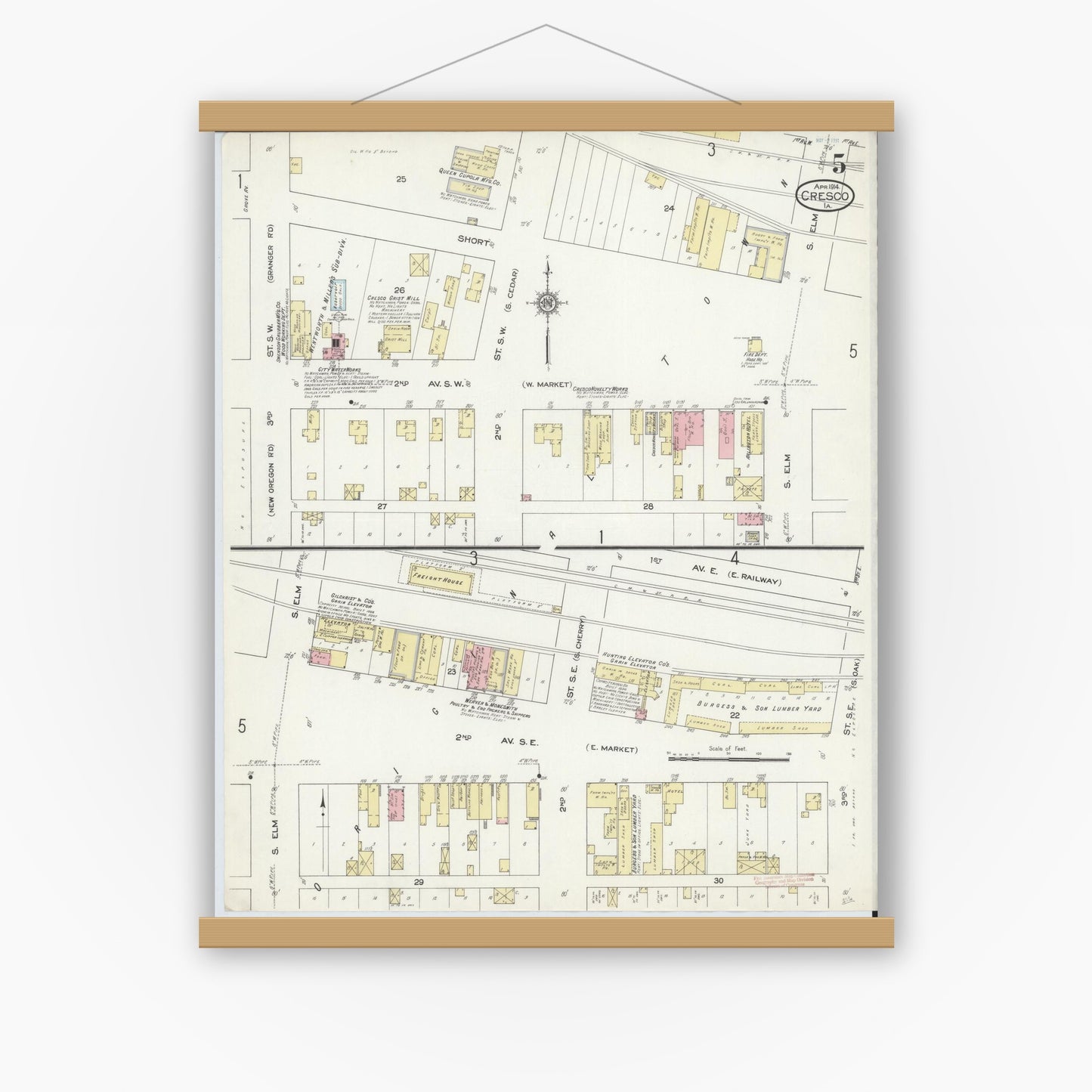Old map wall art mockup — magnetic wood frame on white wall — Sanborn Fire Insurance Map from Cresco, Howard County, Iowa (1914), Sheet #0005