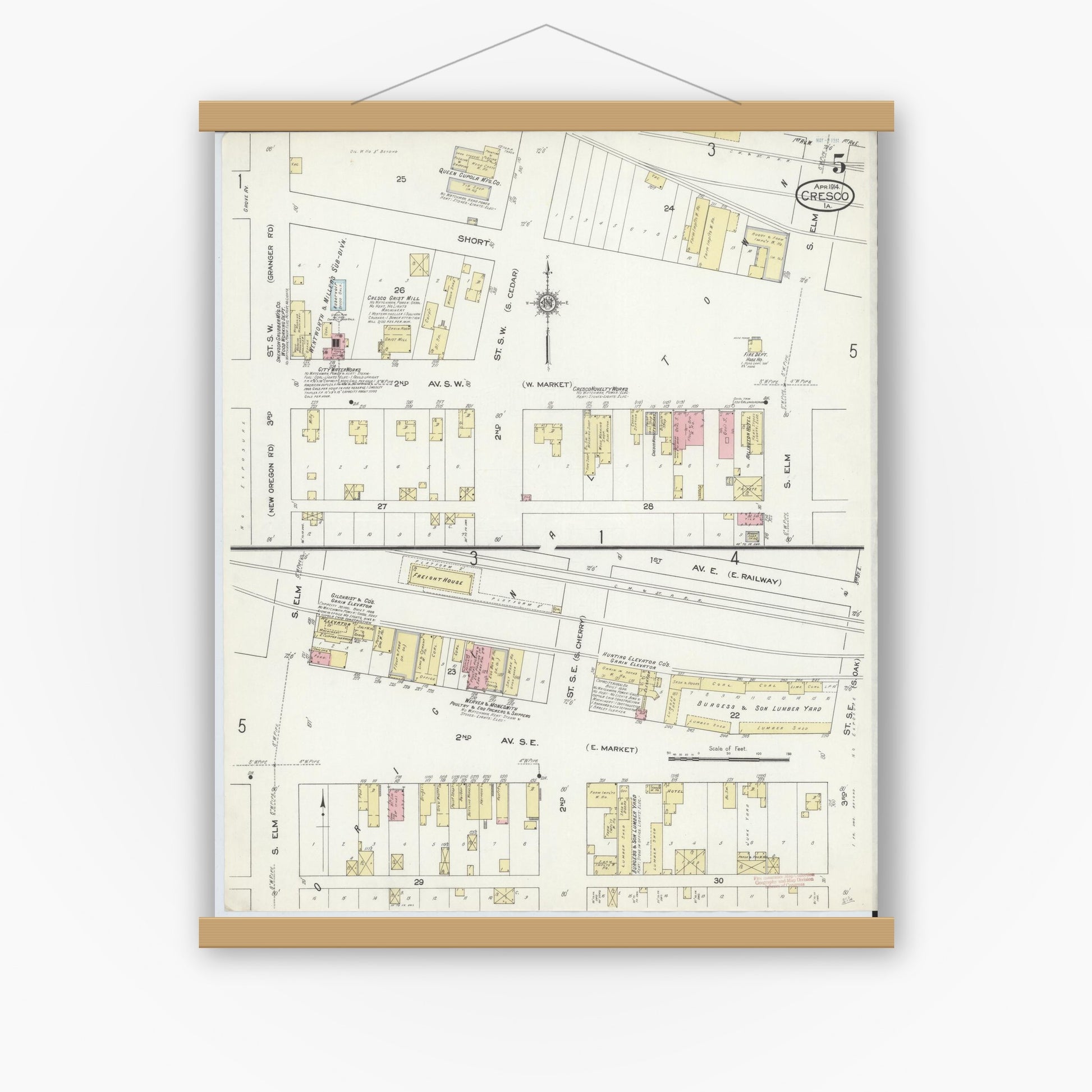 Old map wall art mockup — magnetic wood frame on white wall — Sanborn Fire Insurance Map from Cresco, Howard County, Iowa (1914), Sheet #0005
