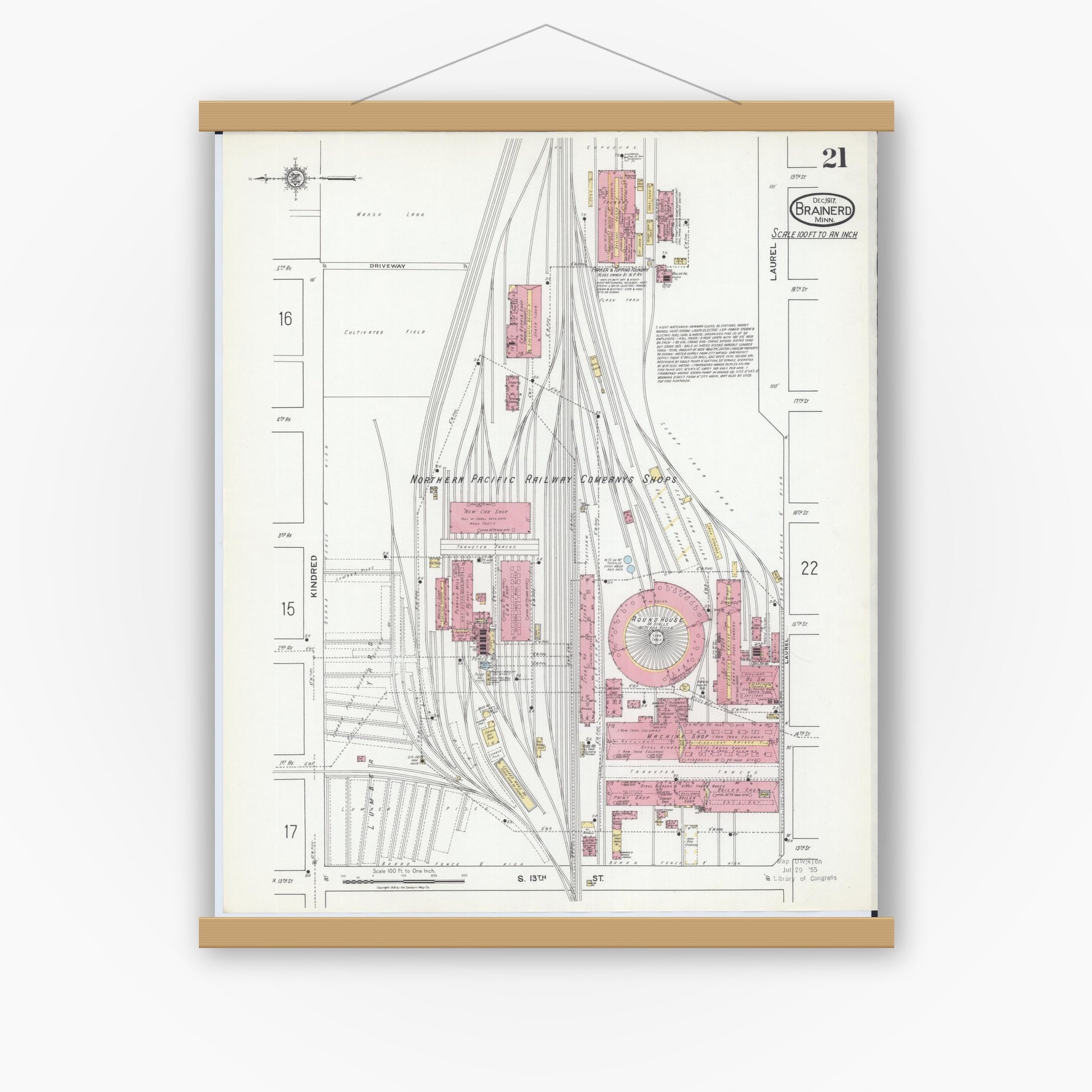 Old map wall art mockup — magnetic wood frame on white wall — Sanborn Fire Insurance Map from Brainerd, Crow Wing County, Minnesota (1917), Sheet #0021