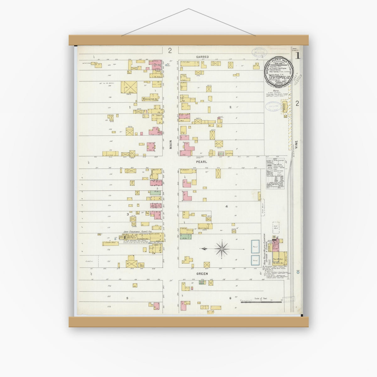 Old map wall art mockup — magnetic wood frame on white wall — Sanborn Fire Insurance Map from Teutopolis, Effingham County, Illinois (1898), Sheet #0001