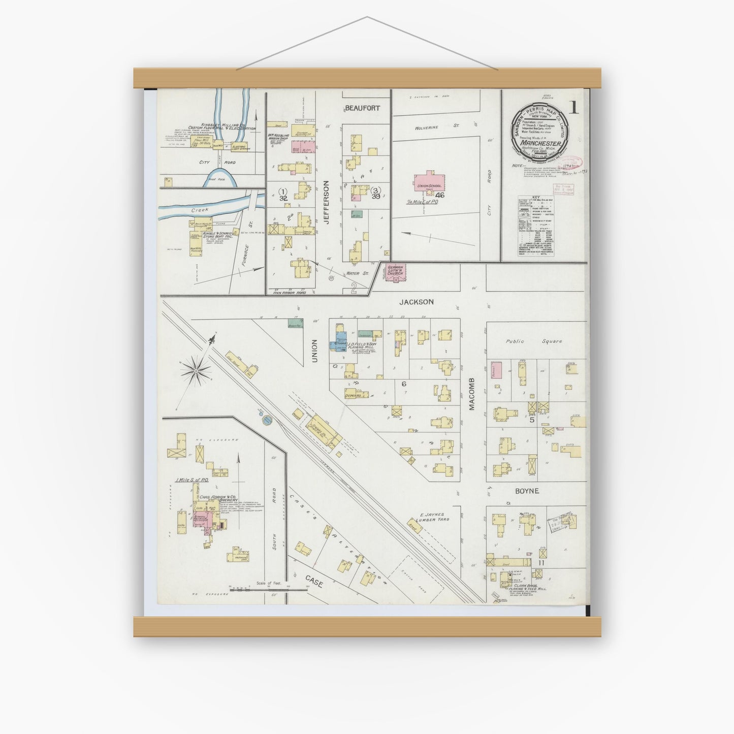 Old map wall art mockup — magnetic wood frame on white wall — Sanborn Fire Insurance Map from Manchester, Washtenaw County, Michigan (1893), Sheet #0001