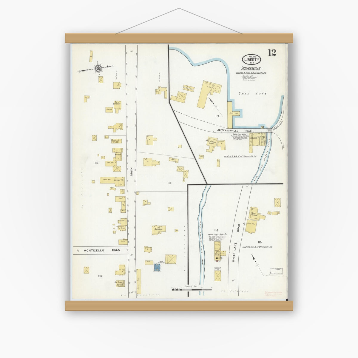 Old map wall art mockup — magnetic wood frame on white wall — Sanborn Fire Insurance Map from Liberty, Sullivan County, New York (1916), Sheet #0012