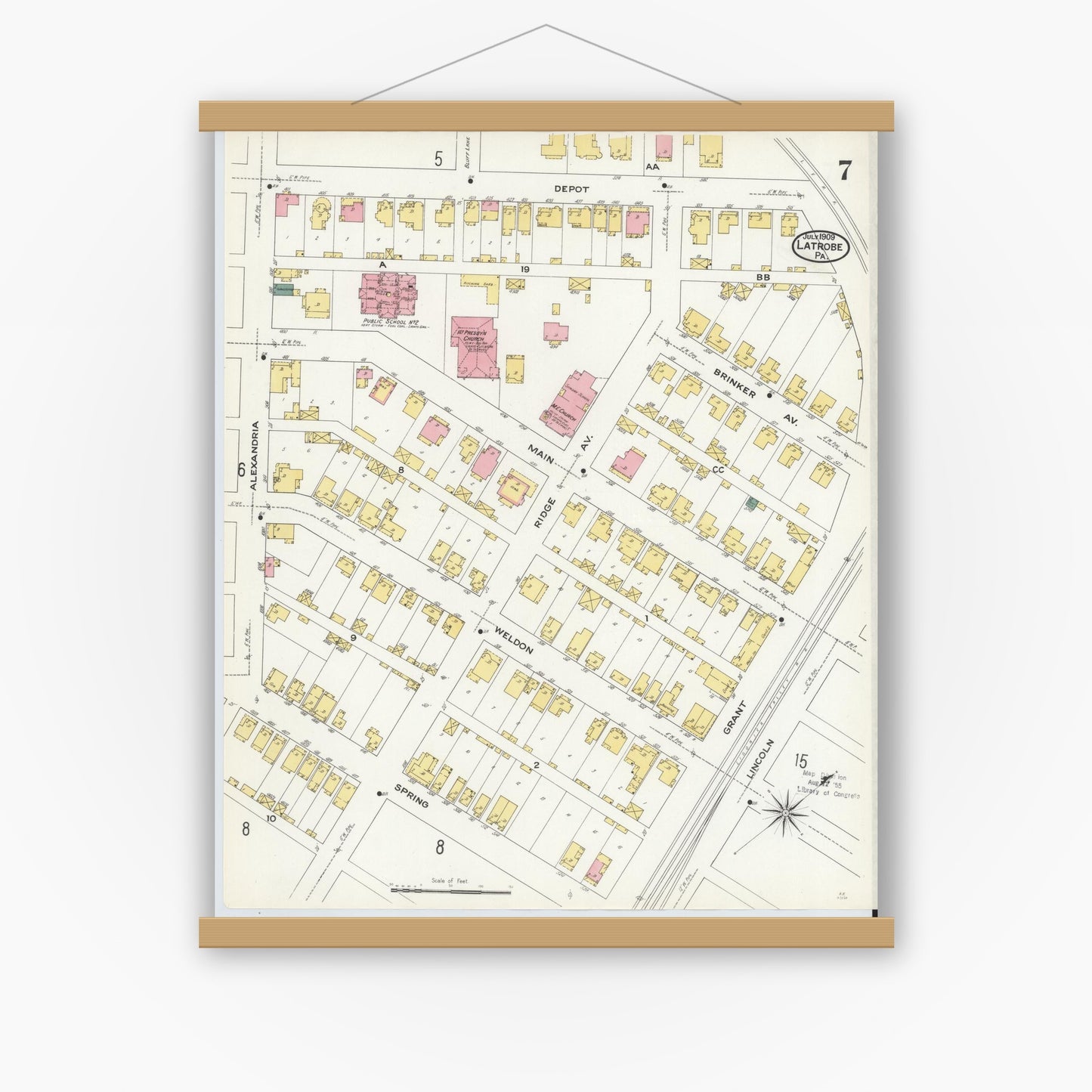 Old map wall art mockup — magnetic wood frame on white wall — Sanborn Fire Insurance Map from Latrobe, Westmoreland County, Pennsylvania (1909), Sheet #0007