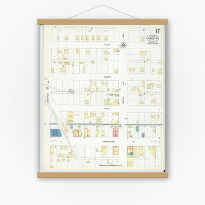 Old map wall art mockup — magnetic wood frame on white wall — Sanborn Fire Insurance Map from Houghton, Houghton County, Michigan (1908), Sheet #0017