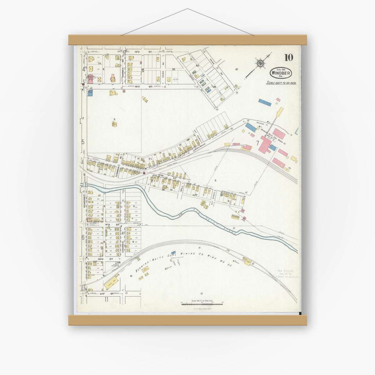 Old map wall art mockup — magnetic wood frame on white wall — Sanborn Fire Insurance Map from Windber, Somerset County, Pennsylvania (1916), Sheet #0010