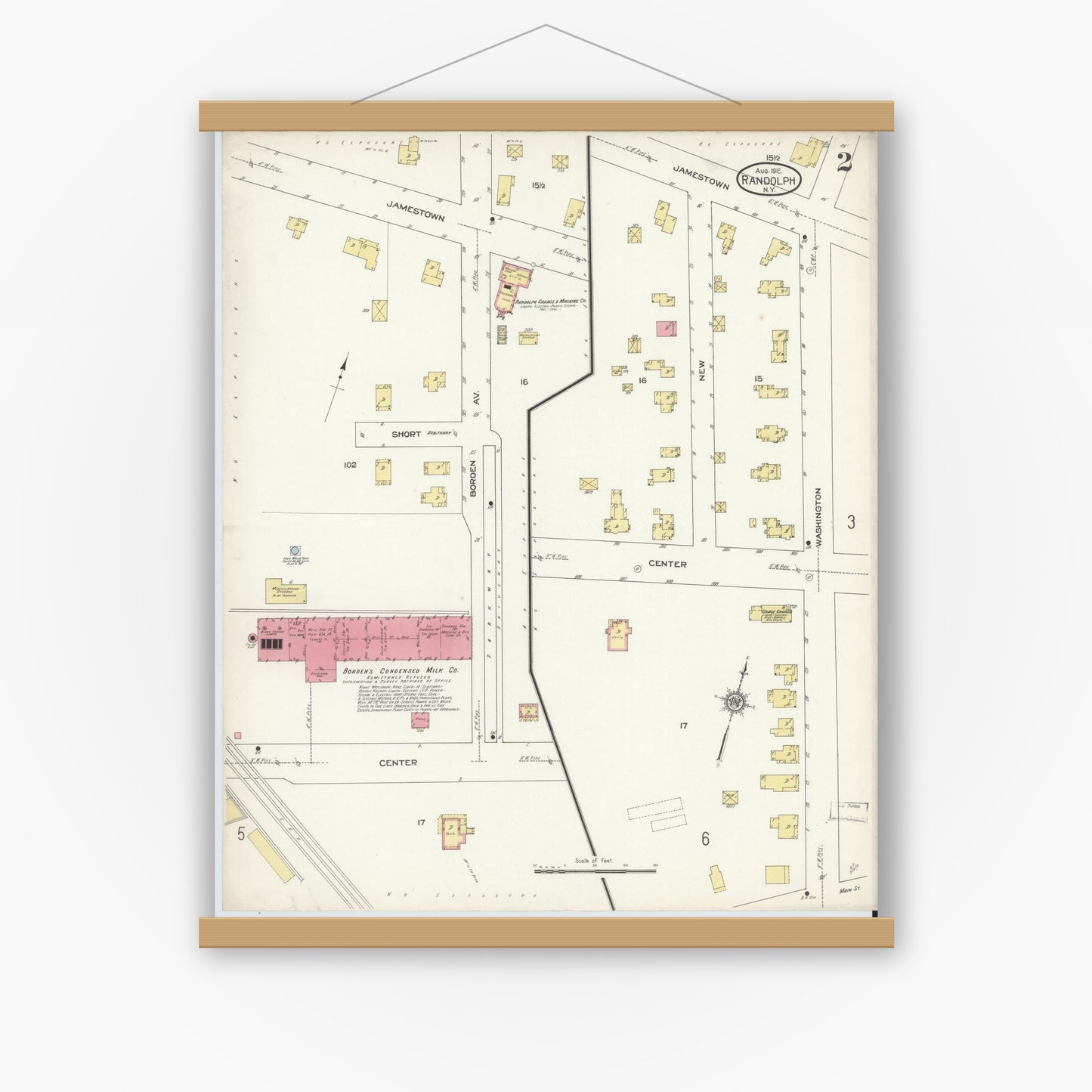 Old map wall art mockup — magnetic wood frame on white wall — Sanborn Fire Insurance Map from Randolph, Cattaraugus County, New York (1913), Sheet #0002