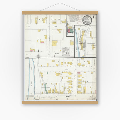 Old map wall art mockup — magnetic wood frame on white wall — Sanborn Fire Insurance Map from Corydon, Harrison County, Indiana (1899) - Complete Map Set