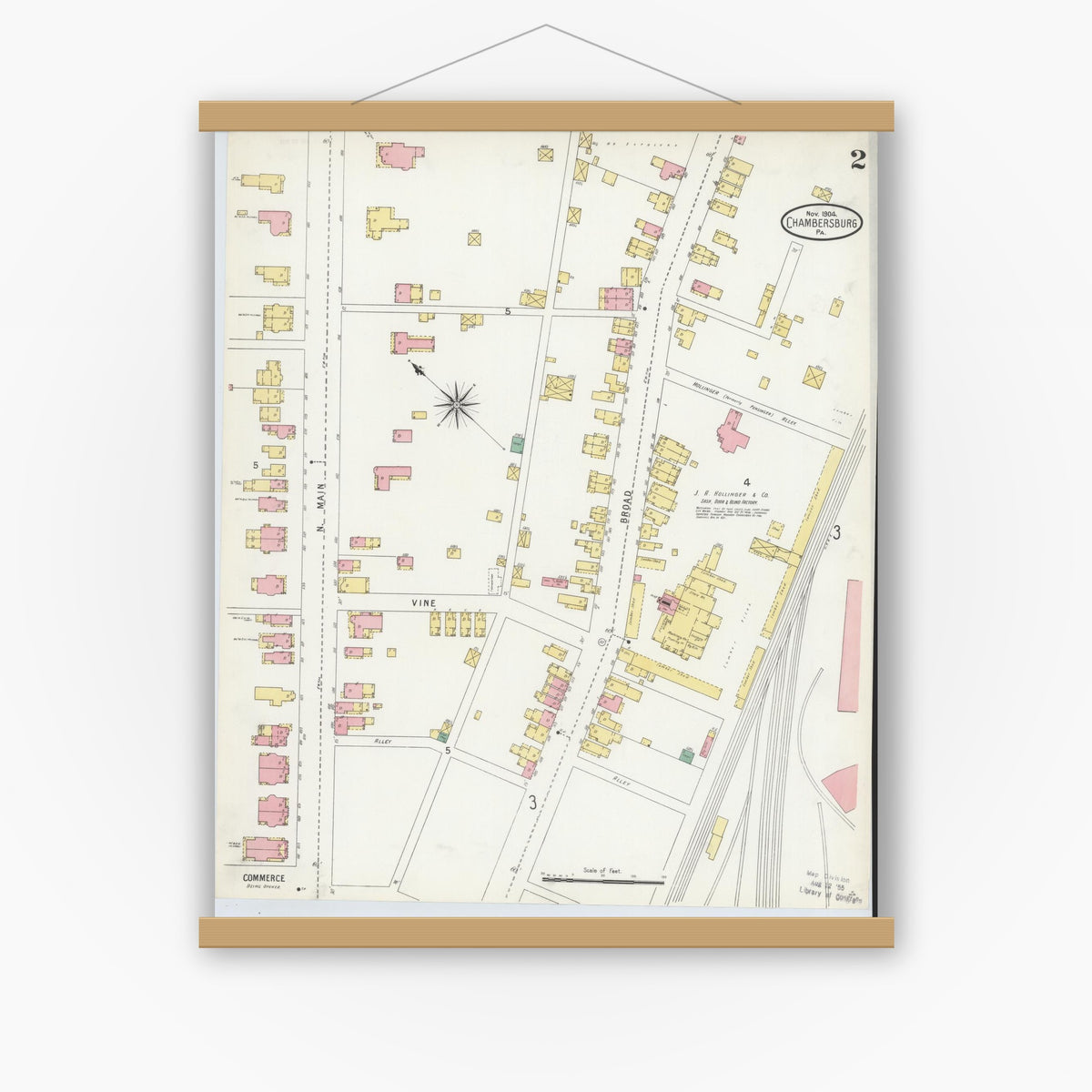 Old map wall art mockup — magnetic wood frame on white wall — Sanborn Fire Insurance Map from Chambersburg, Franklin County, Pennsylvania (1904), Sheet #0002