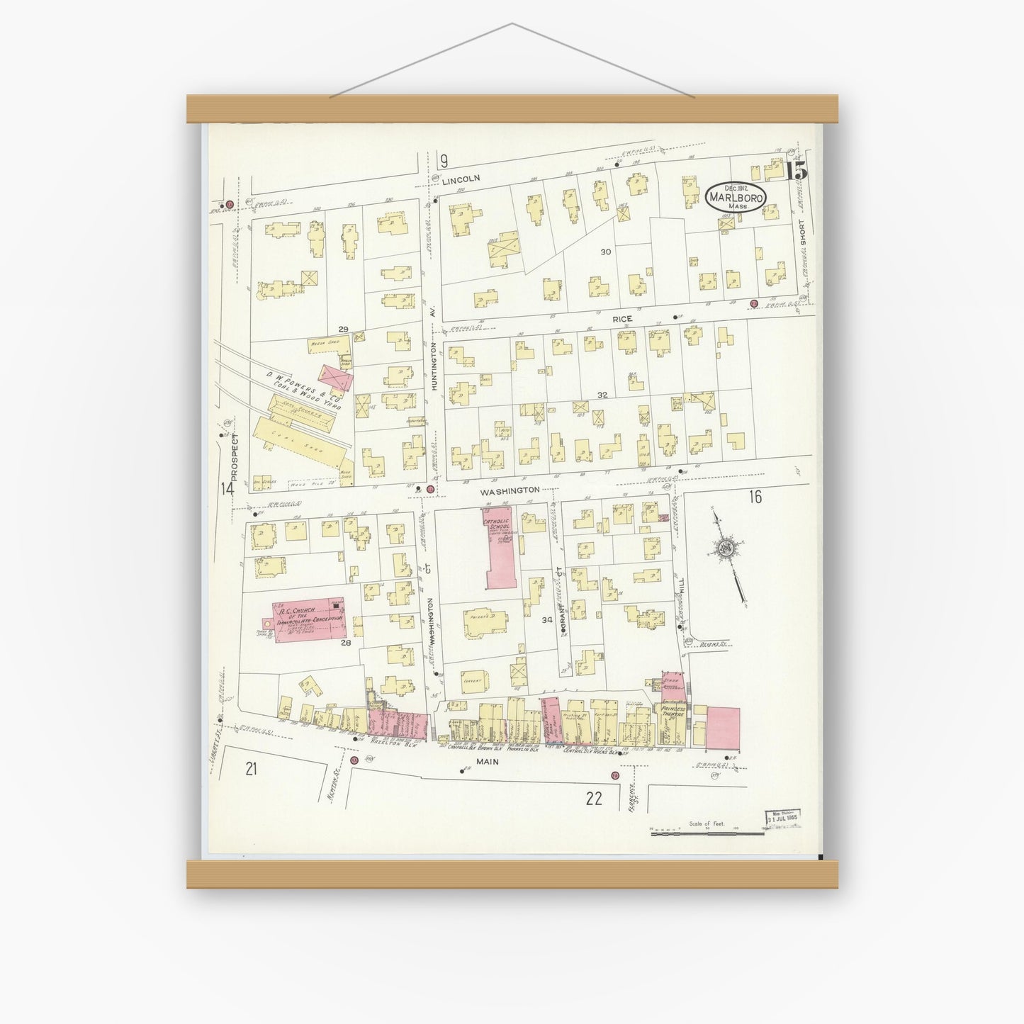 Old map wall art mockup — magnetic wood frame on white wall — Sanborn Fire Insurance Map from Marlborough, Middlesex County, Massachusetts (1912), Sheet #0015