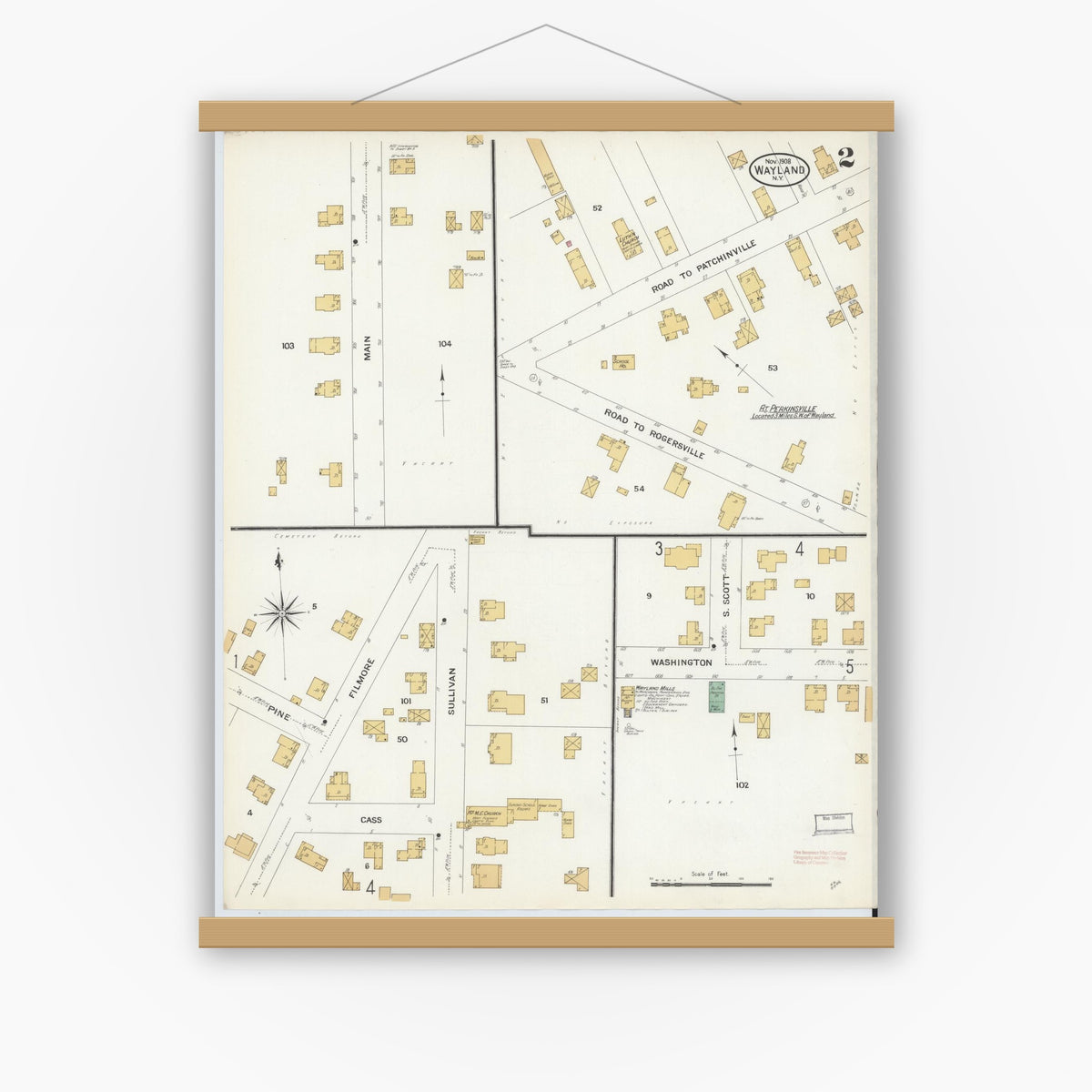 Old map wall art mockup — magnetic wood frame on white wall — Sanborn Fire Insurance Map from Wayland, Steuben County, New York (1908), Sheet #0002