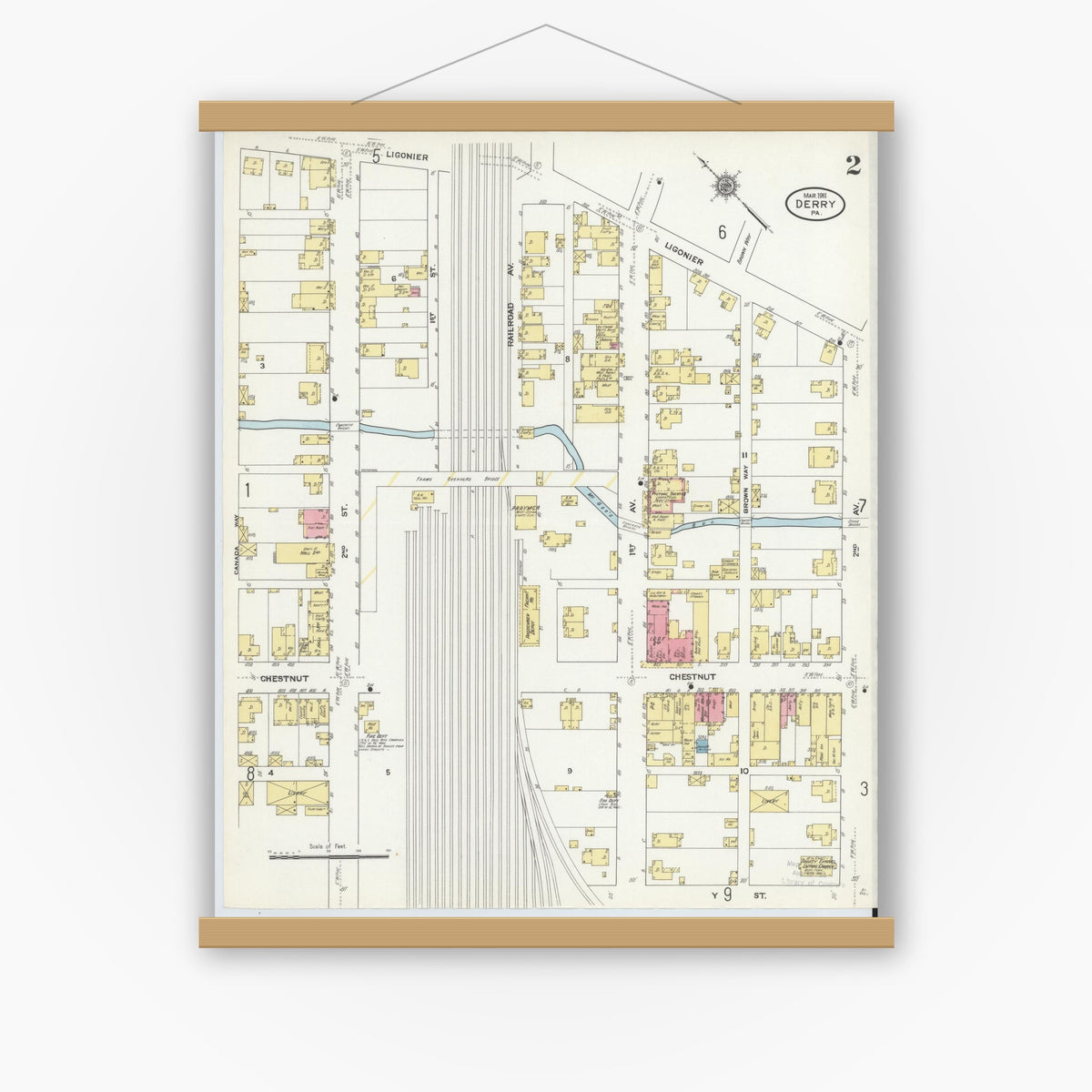 Old map wall art mockup — magnetic wood frame on white wall — Sanborn Fire Insurance Map from Derry, Westmoreland County, Pennsylvania (1911), Sheet #0002