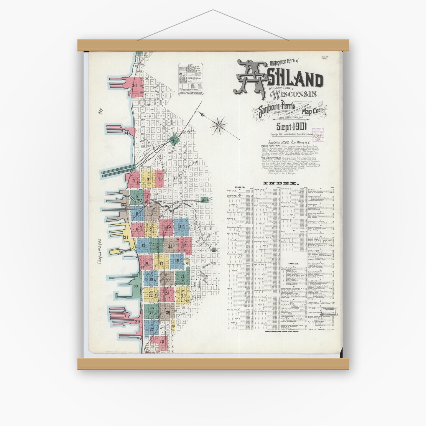 Old map wall art mockup — magnetic wood frame on white wall — Sanborn Fire Insurance Map from Ashland, Ashland County, Wisconsin (1901) - Complete Map Set