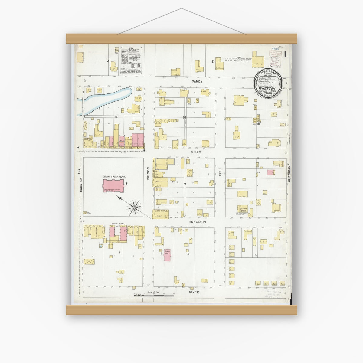 Old map wall art mockup — magnetic wood frame on white wall — Sanborn Fire Insurance Map from Wharton, Wharton County, Texas (1900) - Complete Map Set