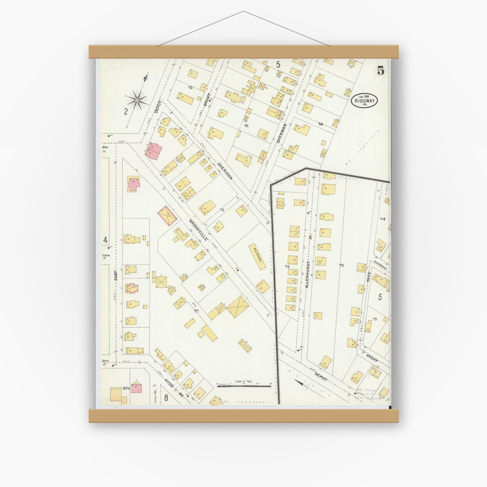 Old map wall art mockup — magnetic wood frame on white wall — Sanborn Fire Insurance Map from Ridgway, Elk County, Pennsylvania (1904), Sheet #0005