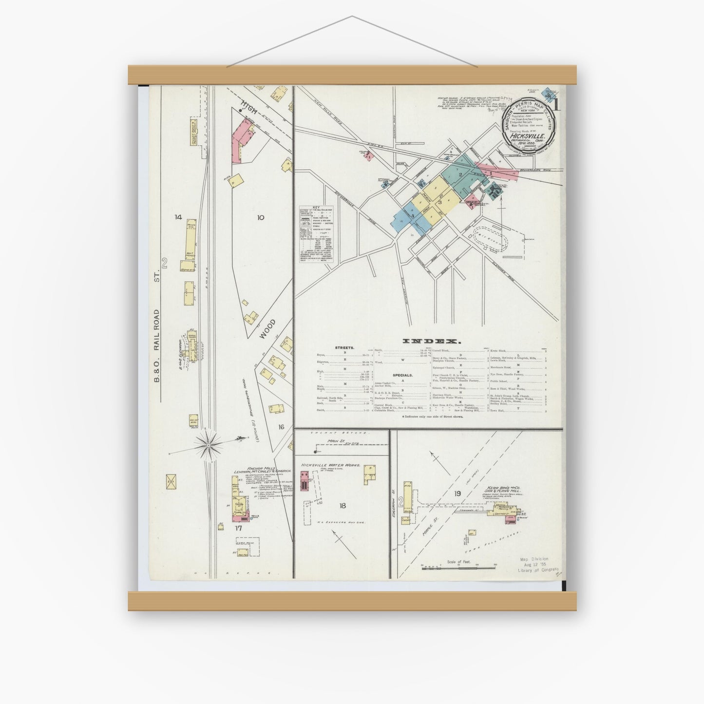 Old map wall art mockup — magnetic wood frame on white wall — Sanborn Fire Insurance Map from Hicksville, Defiance County, Ohio (1893), Sheet #0001