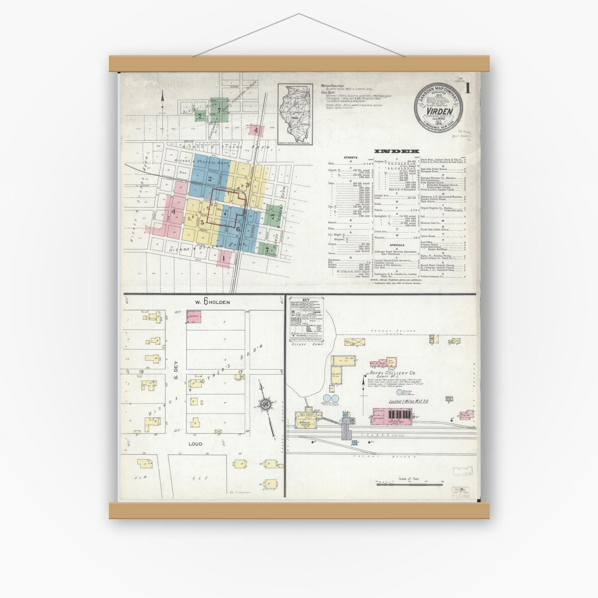 Old map wall art mockup — magnetic wood frame on white wall — Sanborn Fire Insurance Map from Virden, Macoupin County, Illinois (1914) - Complete Map Set