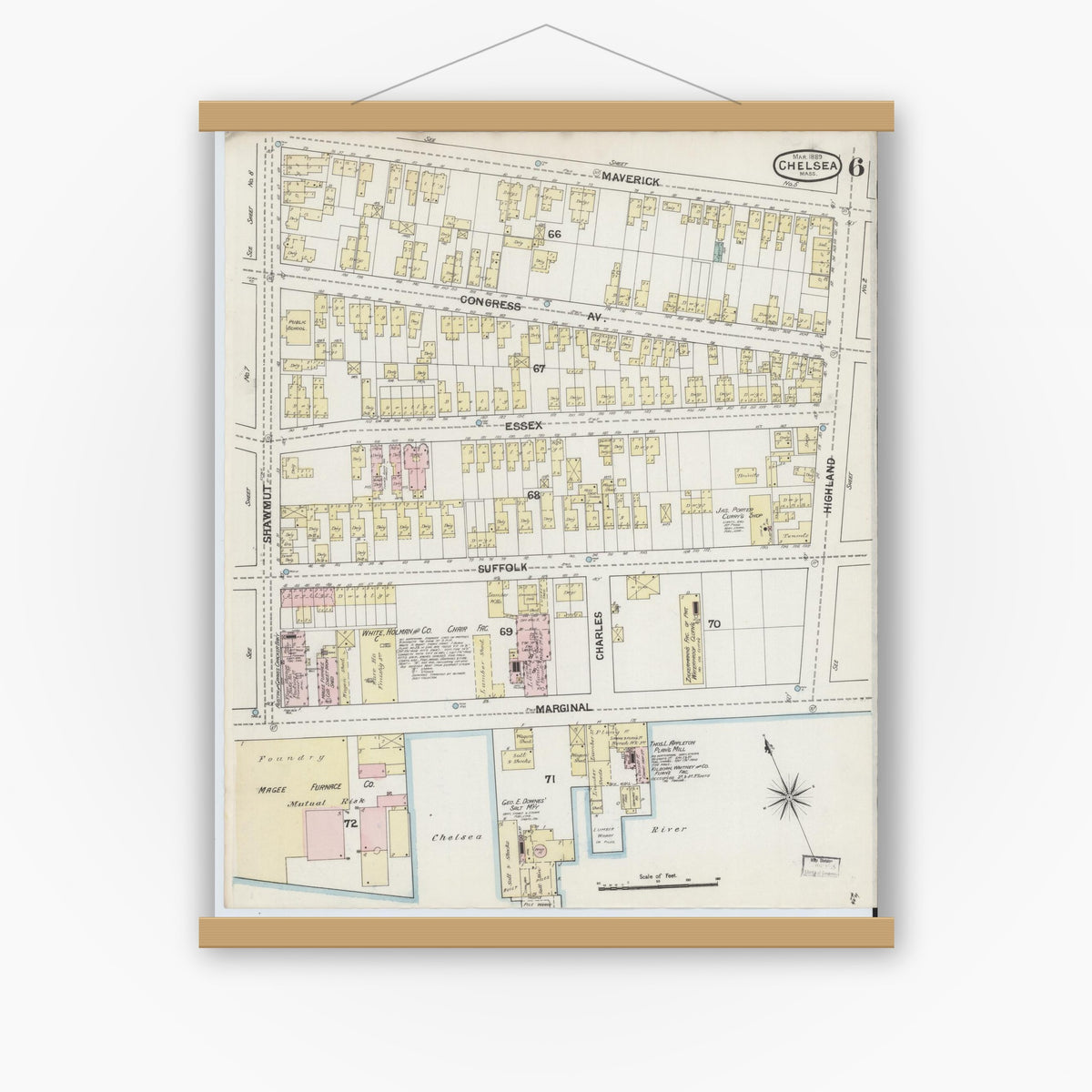 Old map wall art mockup — magnetic wood frame on white wall — Sanborn Fire Insurance Map from Chelsea, Suffolk County, Massachusetts (1889), Sheet #0006