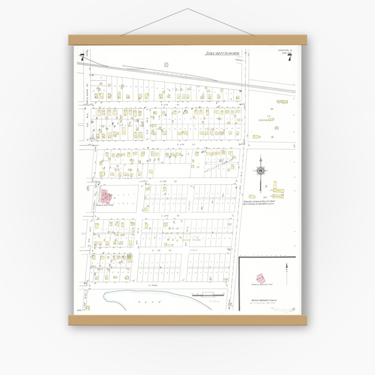 Old map wall art mockup — magnetic wood frame on white wall — Sanborn Fire Insurance Map from Spencer, Clay County, Iowa (1941), Sheet #0007