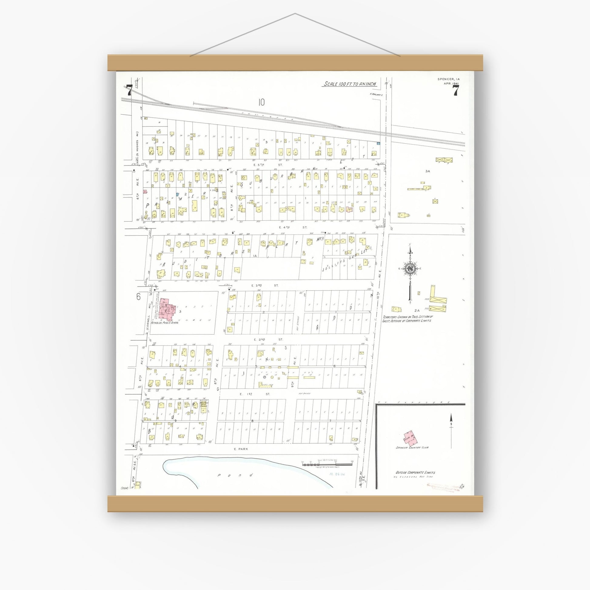 Old map wall art mockup — magnetic wood frame on white wall — Sanborn Fire Insurance Map from Spencer, Clay County, Iowa (1941), Sheet #0007
