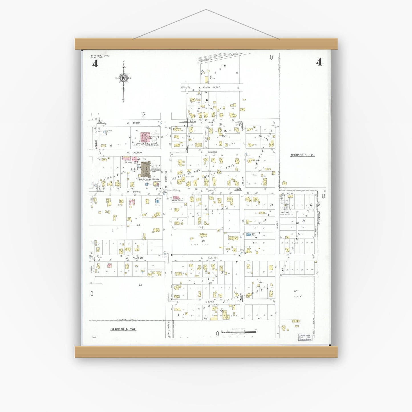 Old map wall art mockup — magnetic wood frame on white wall — Sanborn Fire Insurance Map from Stryker, Williams County, Ohio (1951), Sheet #0004