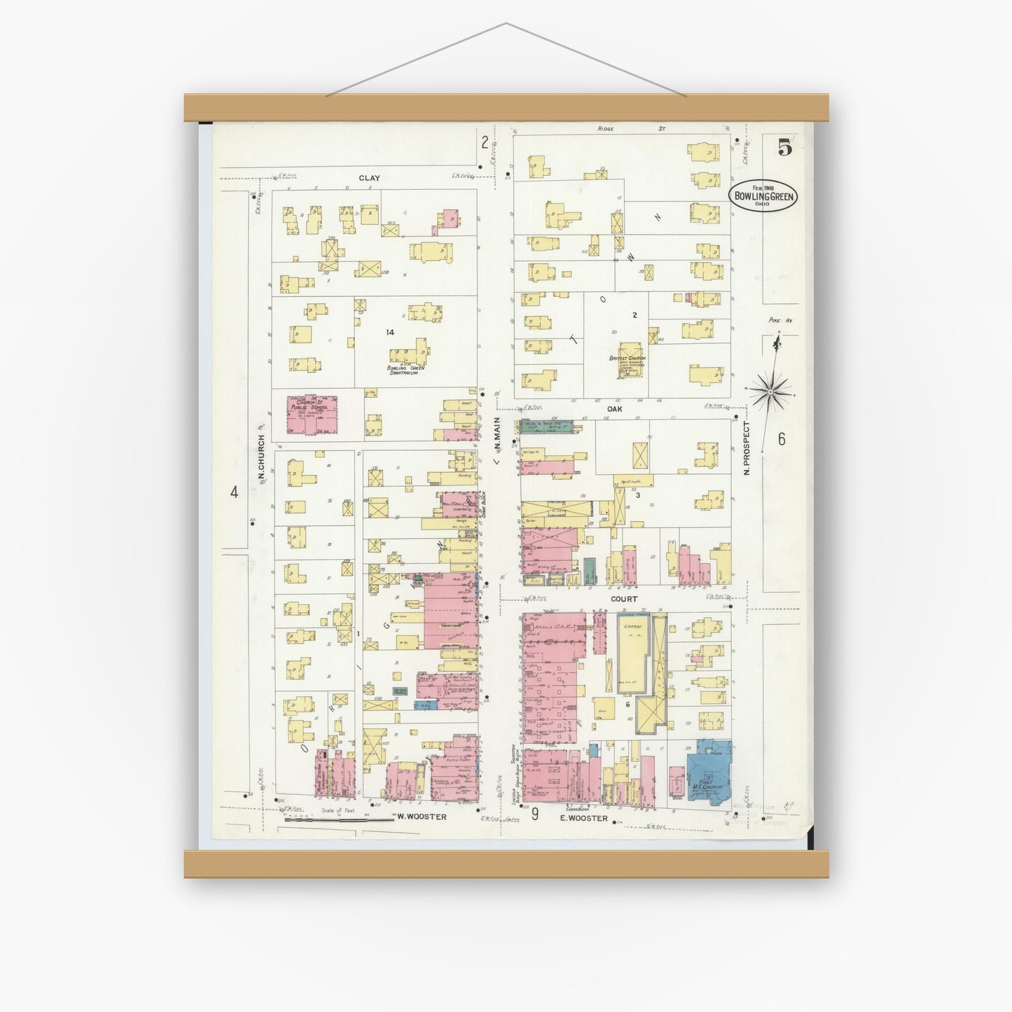 Old map wall art mockup — magnetic wood frame on white wall — Sanborn Fire Insurance Map from Bowling Green, Wood County, Ohio (1908), Sheet #0005
