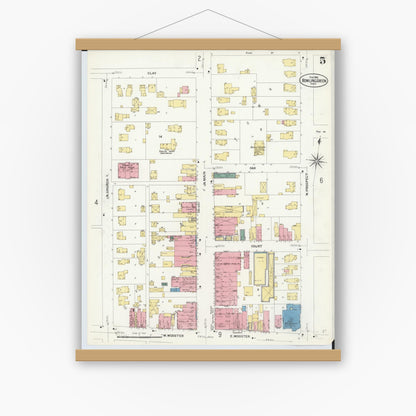 Old map wall art mockup — magnetic wood frame on white wall — Sanborn Fire Insurance Map from Bowling Green, Wood County, Ohio (1908), Sheet #0005