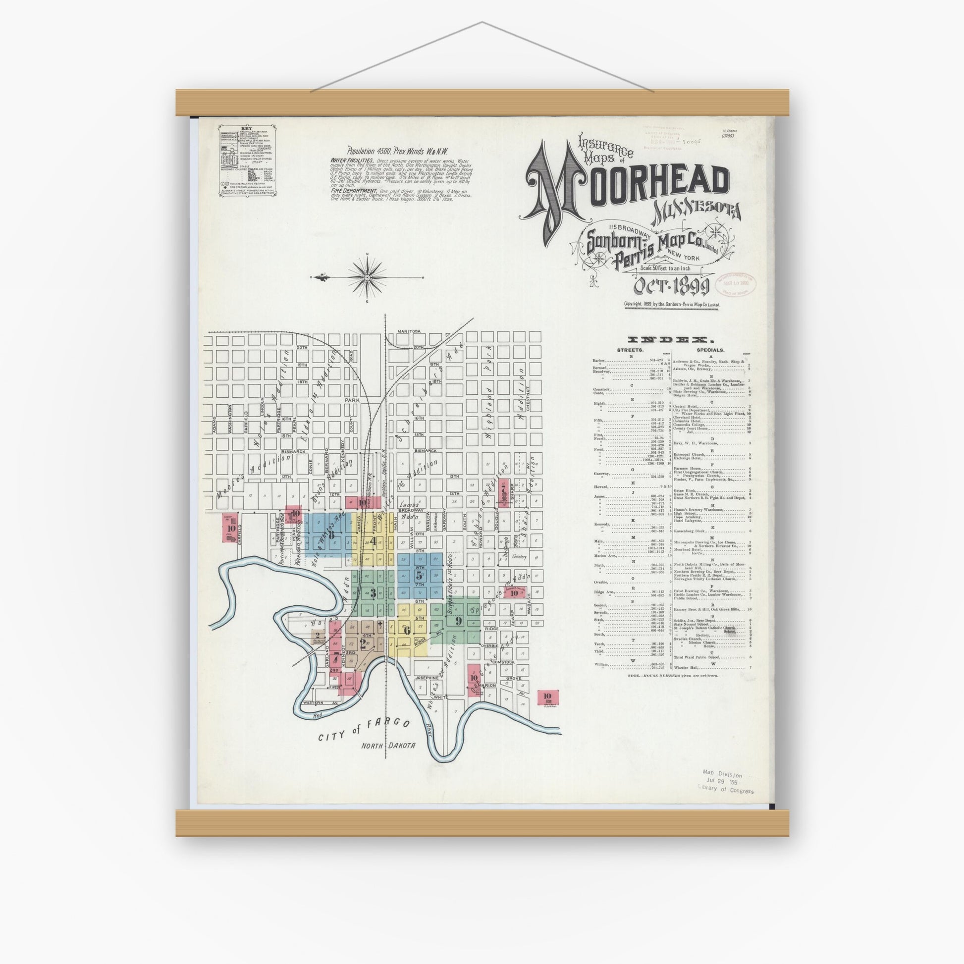 Old map wall art mockup — magnetic wood frame on white wall — Sanborn Fire Insurance Map from Moorhead, Clay County, Minnesota (1899), Sheet #0001