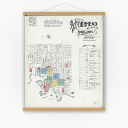 Old map wall art mockup — magnetic wood frame on white wall — Sanborn Fire Insurance Map from Moorhead, Clay County, Minnesota (1899), Sheet #0001