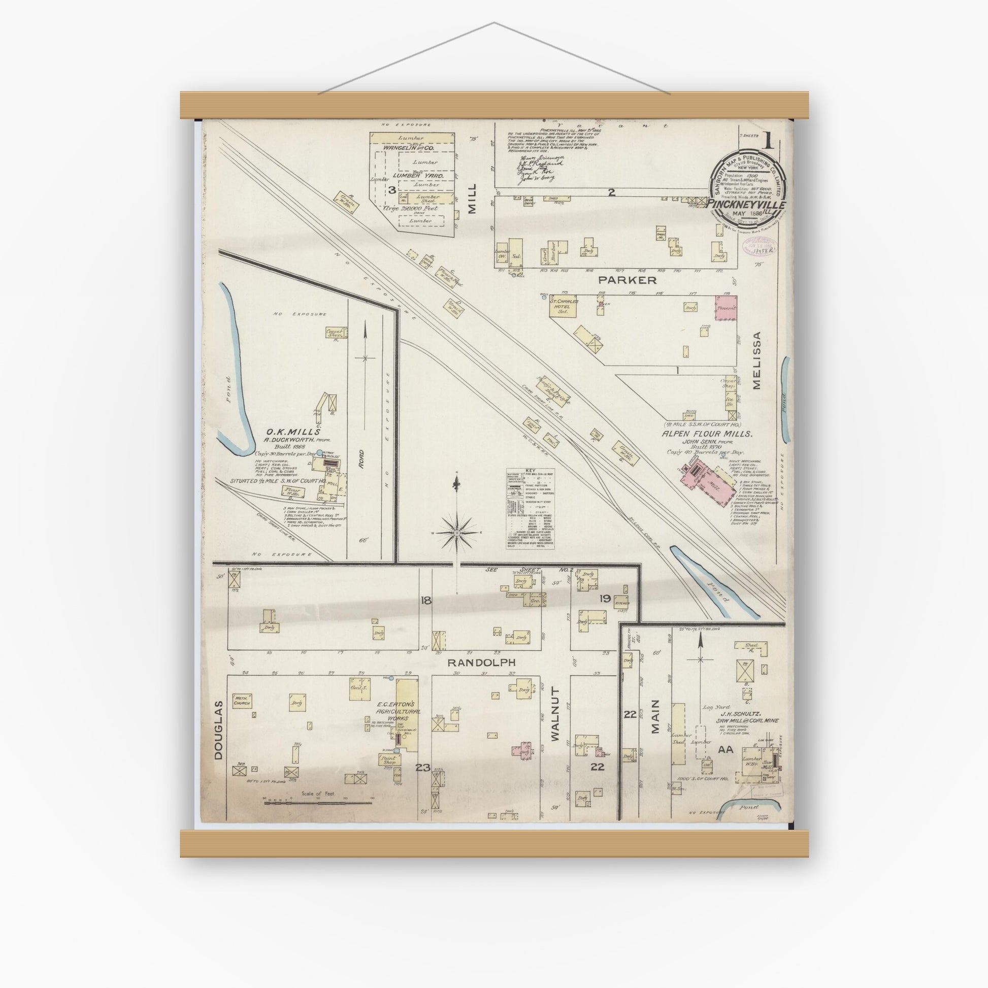 Old map wall art mockup — magnetic wood frame on white wall — Sanborn Fire Insurance Map from Pinckneyville, Perry County, Illinois (1886) - Complete Map Set