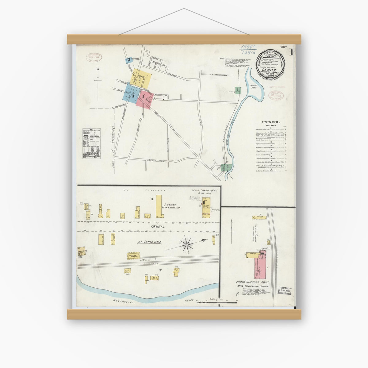 Old map wall art mockup — magnetic wood frame on white wall — Sanborn Fire Insurance Map from Lenox, Berkshire County, Massachusetts (1898) - Complete Map Set