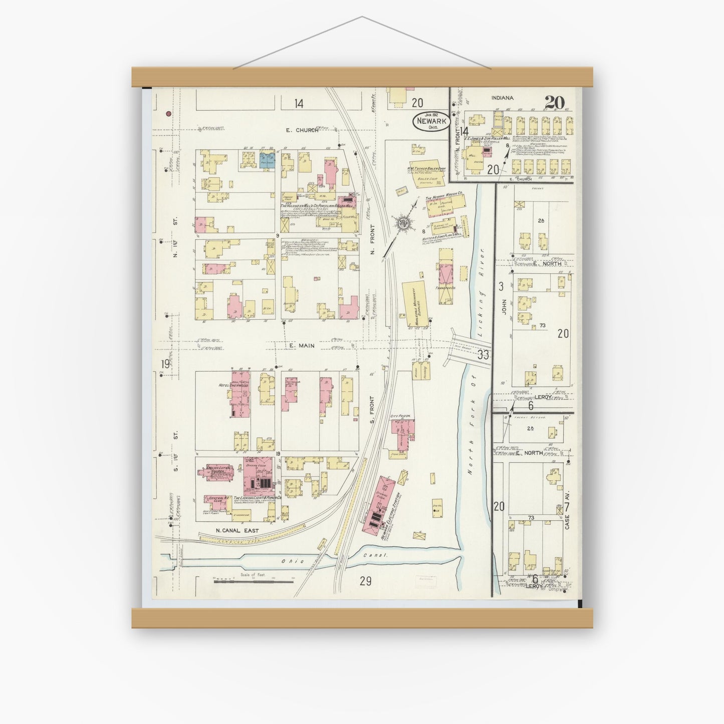 Old map wall art mockup — magnetic wood frame on white wall — Sanborn Fire Insurance Map from Newark, Licking County, Ohio (1912), Sheet #0020