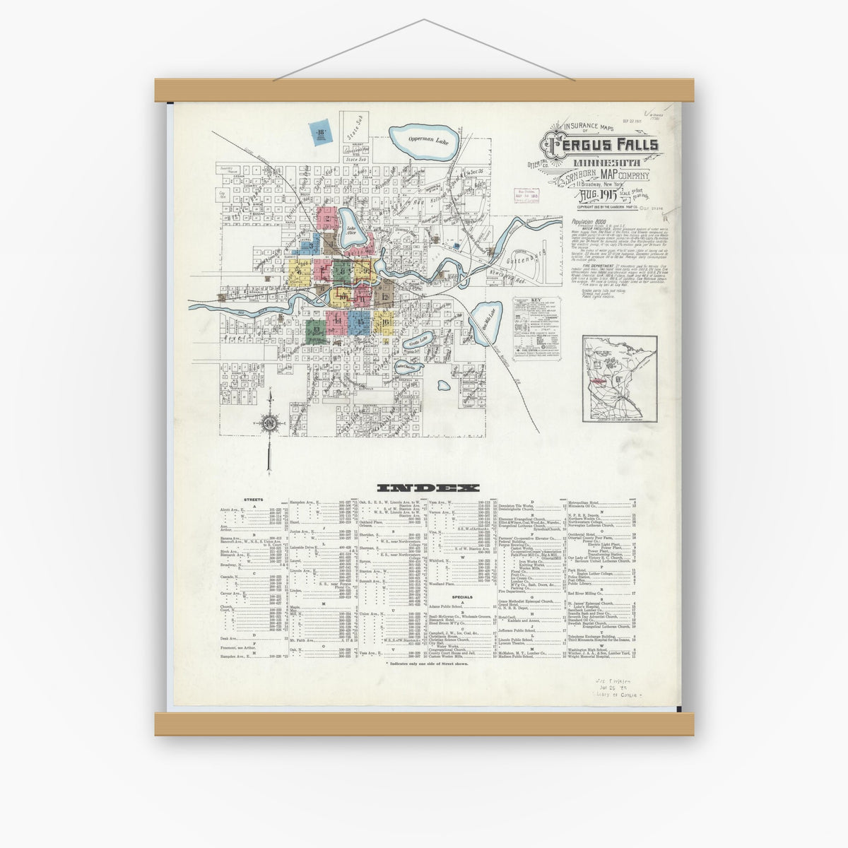 Old map wall art mockup — magnetic wood frame on white wall — Sanborn Fire Insurance Map from Fergus Falls, Otter Tail County, Minnesota (1915) - Complete Map Set