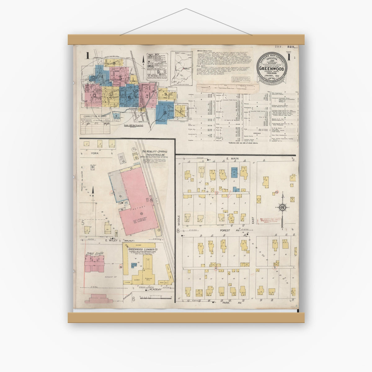 Old map wall art mockup — magnetic wood frame on white wall — Sanborn Fire Insurance Map from Greenwood, Johnson County, Indiana (1940) - Complete Map Set