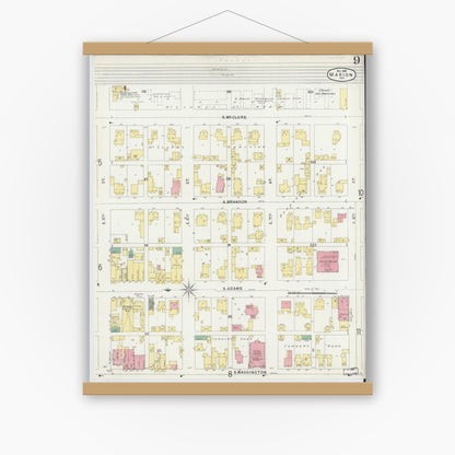 Old map wall art mockup — magnetic wood frame on white wall — Sanborn Fire Insurance Map from Marion, Grant County, Indiana (1896), Sheet #0009