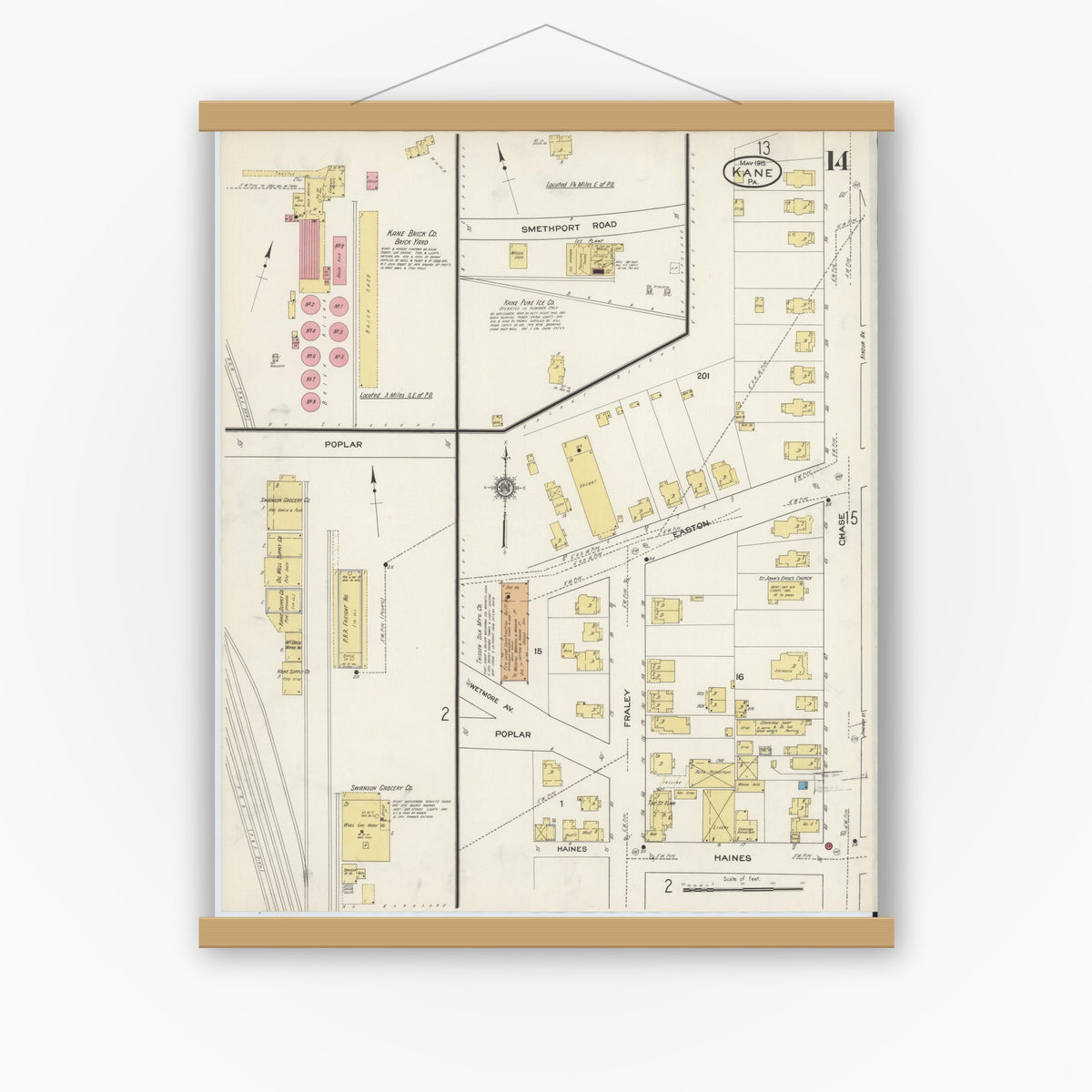 Old map wall art mockup — magnetic wood frame on white wall — Sanborn Fire Insurance Map from Kane, McKean County, Pennsylvania (1915), Sheet #0014