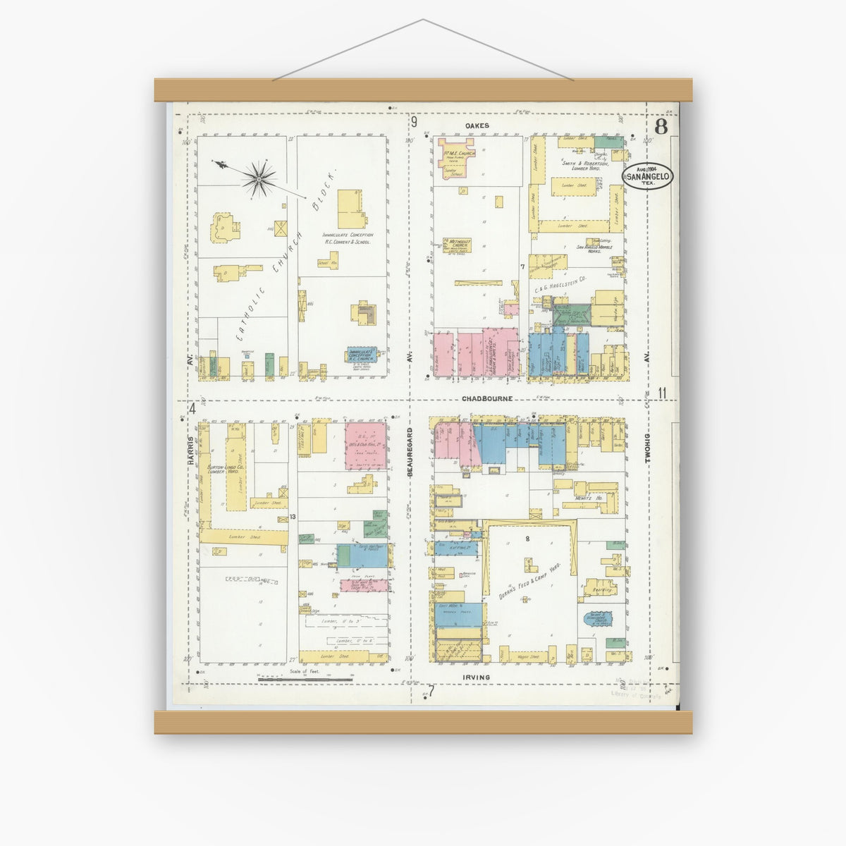 Old map wall art mockup — magnetic wood frame on white wall — Sanborn Fire Insurance Map from San Angelo, Tom Green County, Texas (1904), Sheet #0008