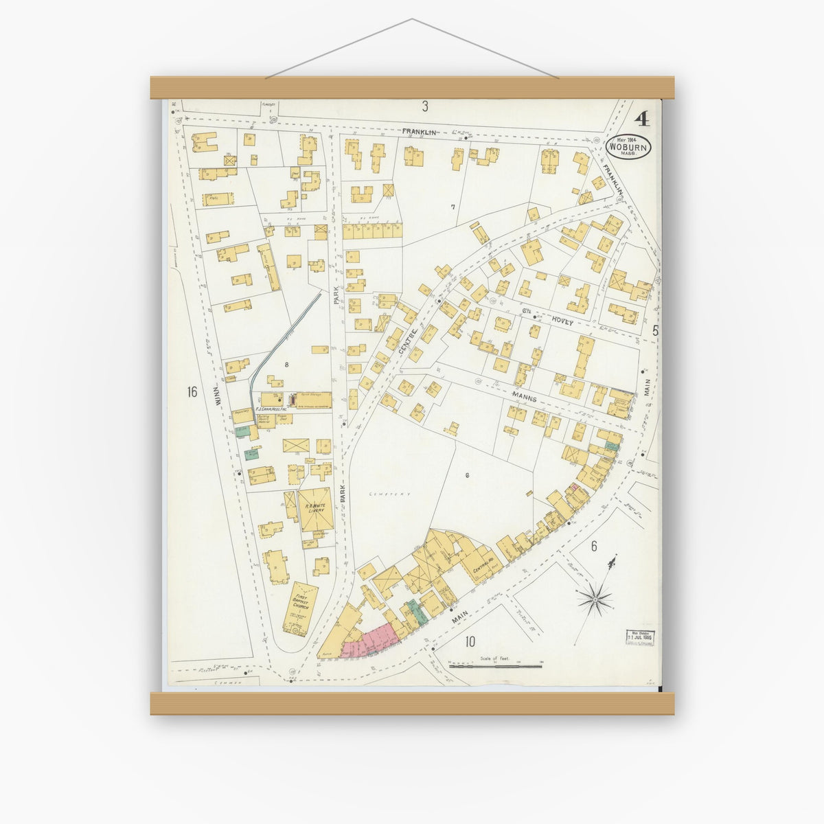 Old map wall art mockup — magnetic wood frame on white wall — Sanborn Fire Insurance Map from Woburn, Middlesex County, Massachusetts (1904), Sheet #0004