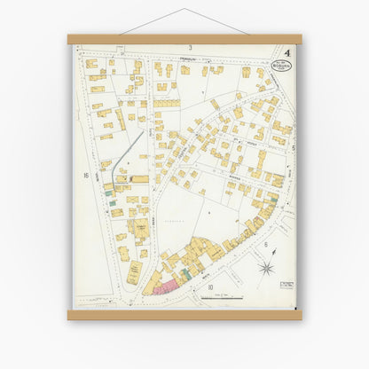 Old map wall art mockup — magnetic wood frame on white wall — Sanborn Fire Insurance Map from Woburn, Middlesex County, Massachusetts (1904), Sheet #0004