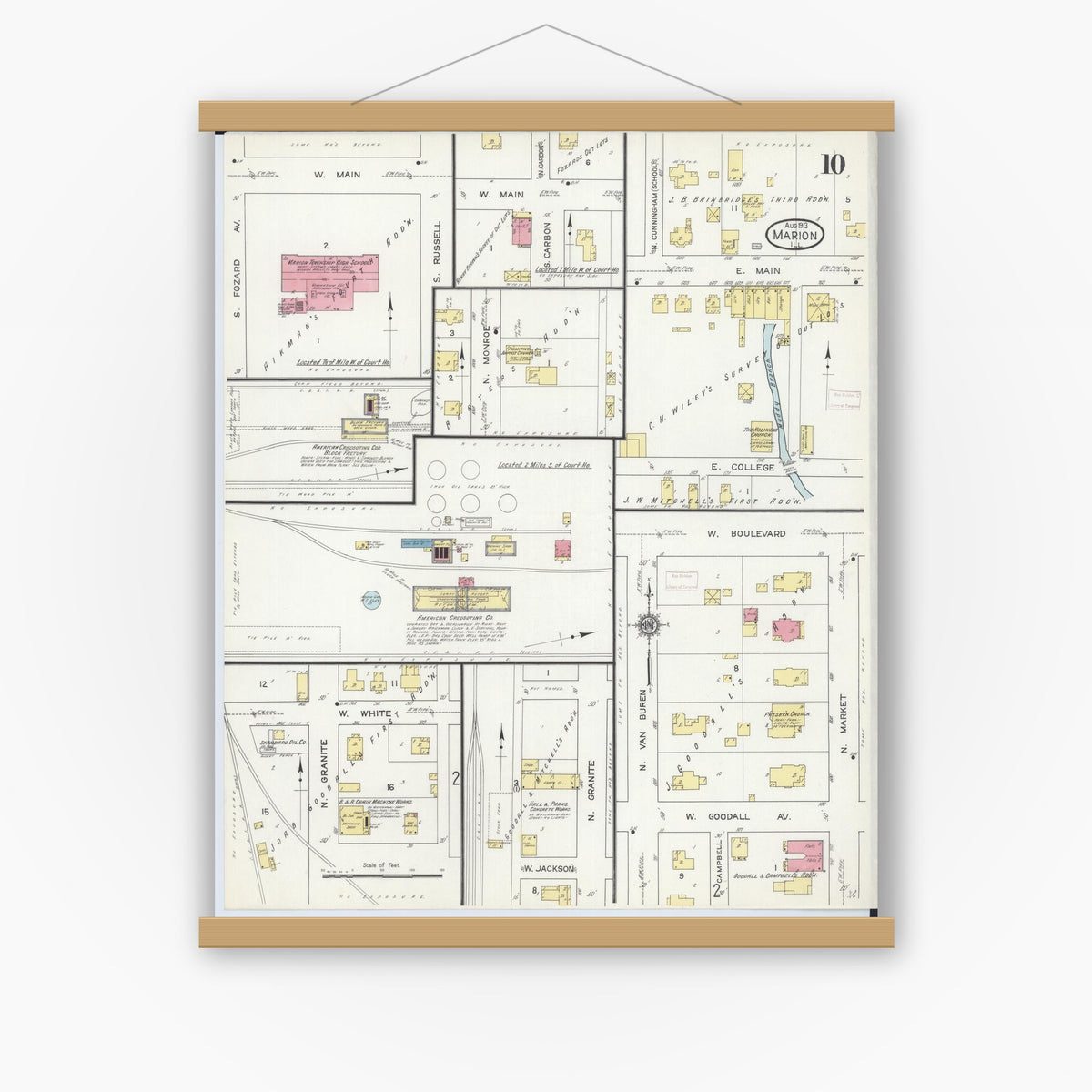 Old map wall art mockup — magnetic wood frame on white wall — Sanborn Fire Insurance Map from Marion, Williamson County, Illinois (1913), Sheet #0010