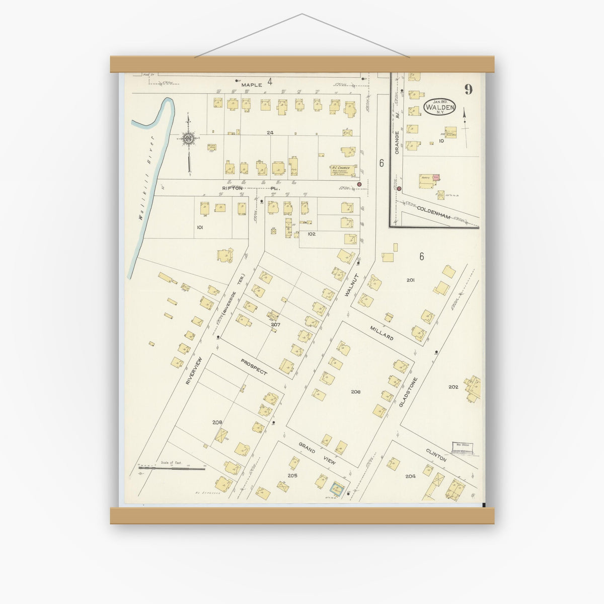 Old map wall art mockup — magnetic wood frame on white wall — Sanborn Fire Insurance Map from Walden, Orange County, New York (1913), Sheet #0009