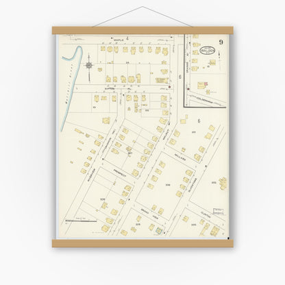 Old map wall art mockup — magnetic wood frame on white wall — Sanborn Fire Insurance Map from Walden, Orange County, New York (1913), Sheet #0009