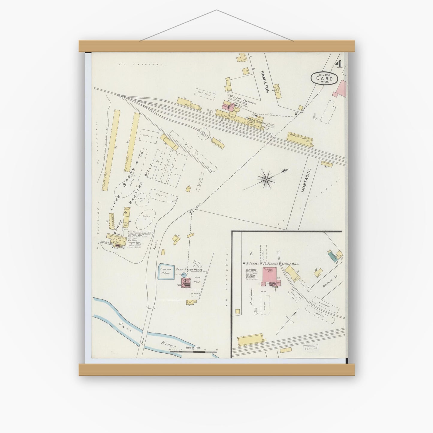 Old map wall art mockup — magnetic wood frame on white wall — Sanborn Fire Insurance Map from Caro, Tuscola County, Michigan (1895), Sheet #0004