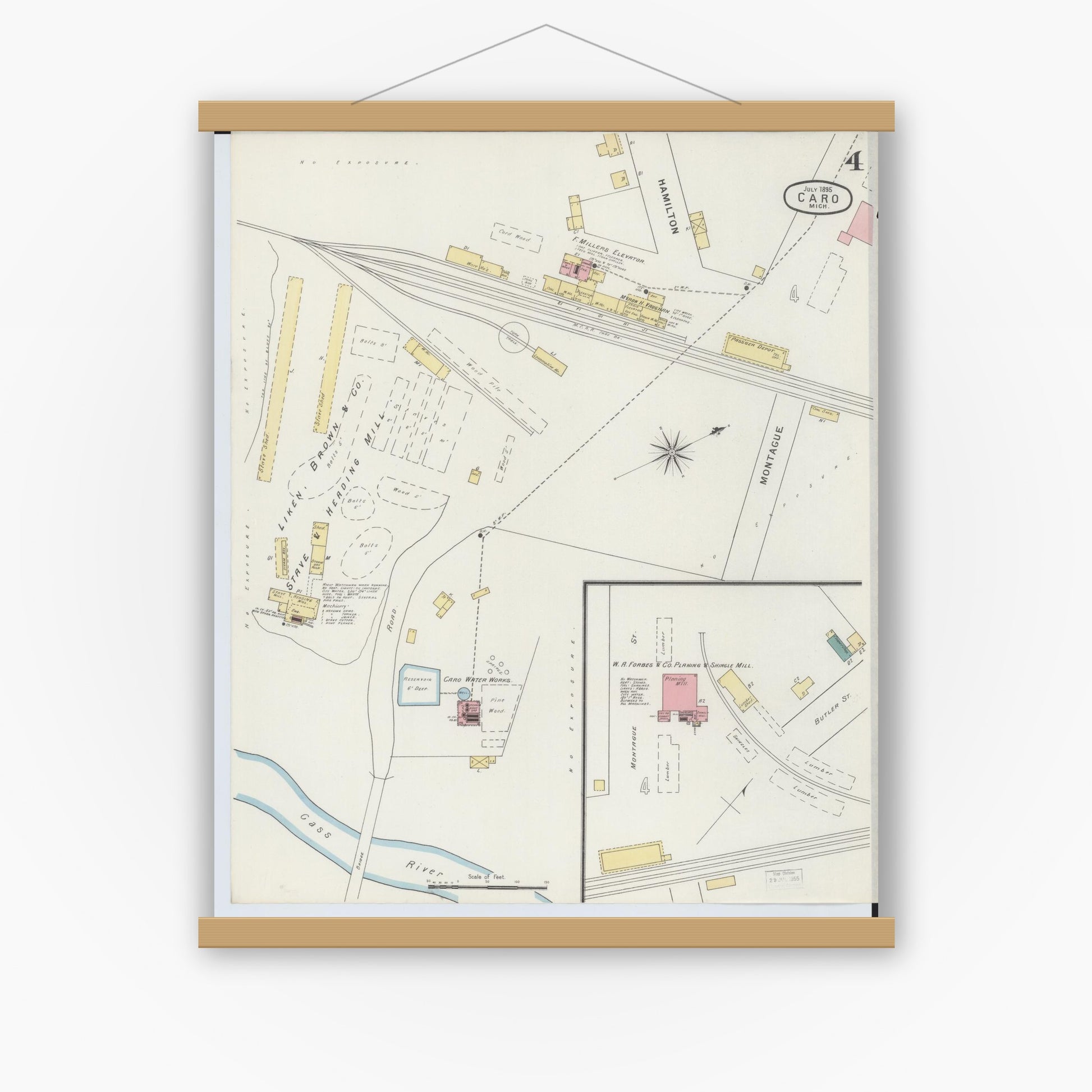 Old map wall art mockup — magnetic wood frame on white wall — Sanborn Fire Insurance Map from Caro, Tuscola County, Michigan (1895), Sheet #0004